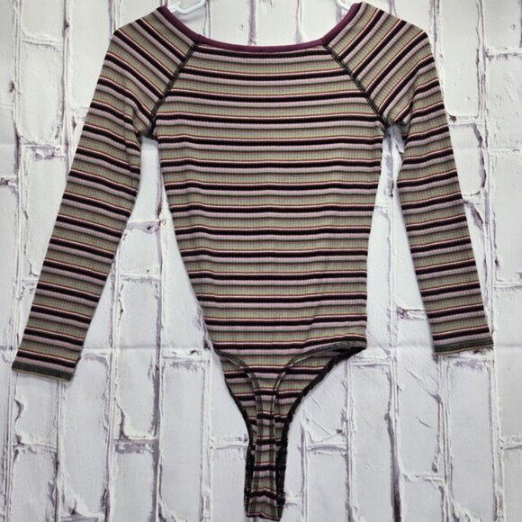 Free People Long Sleeved Body Suit Ribbed Y2k Striped Shirt Size XS Colorful - Picture 3 of 11